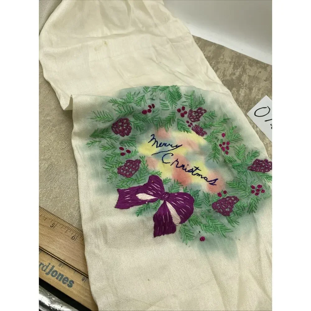 Antique Handmade Embroidered Christmas Scarf 27”X 27” Multicolored